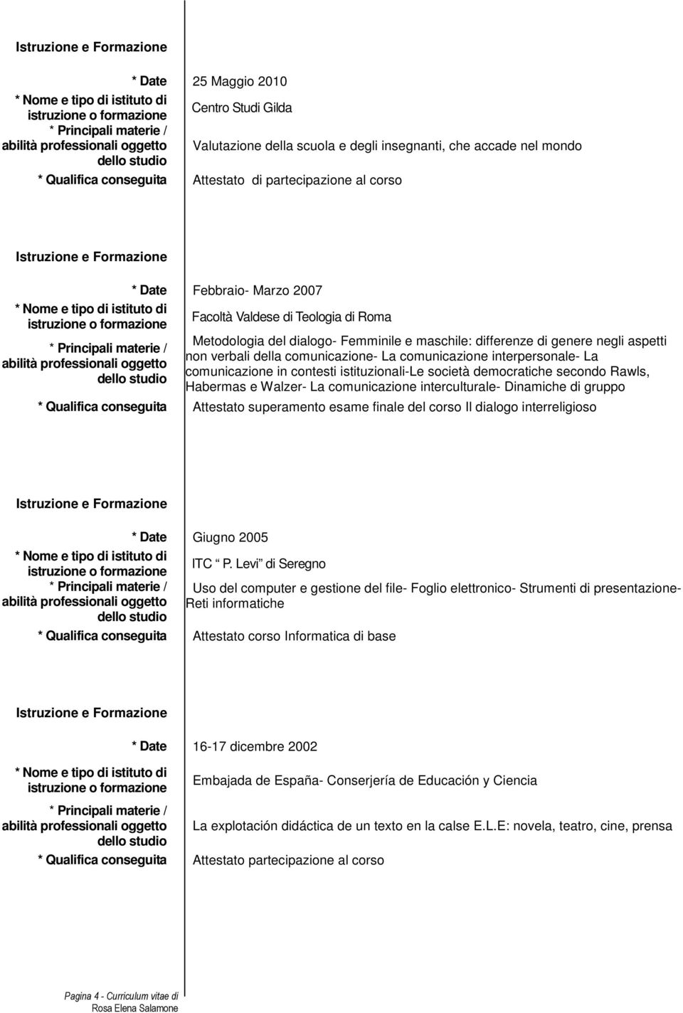 comunicazione in contesti istituzionali-le società democratiche secondo Rawls, Habermas e Walzer- La comunicazione interculturale- Dinamiche di gruppo * Qualifica conseguita Attestato superamento