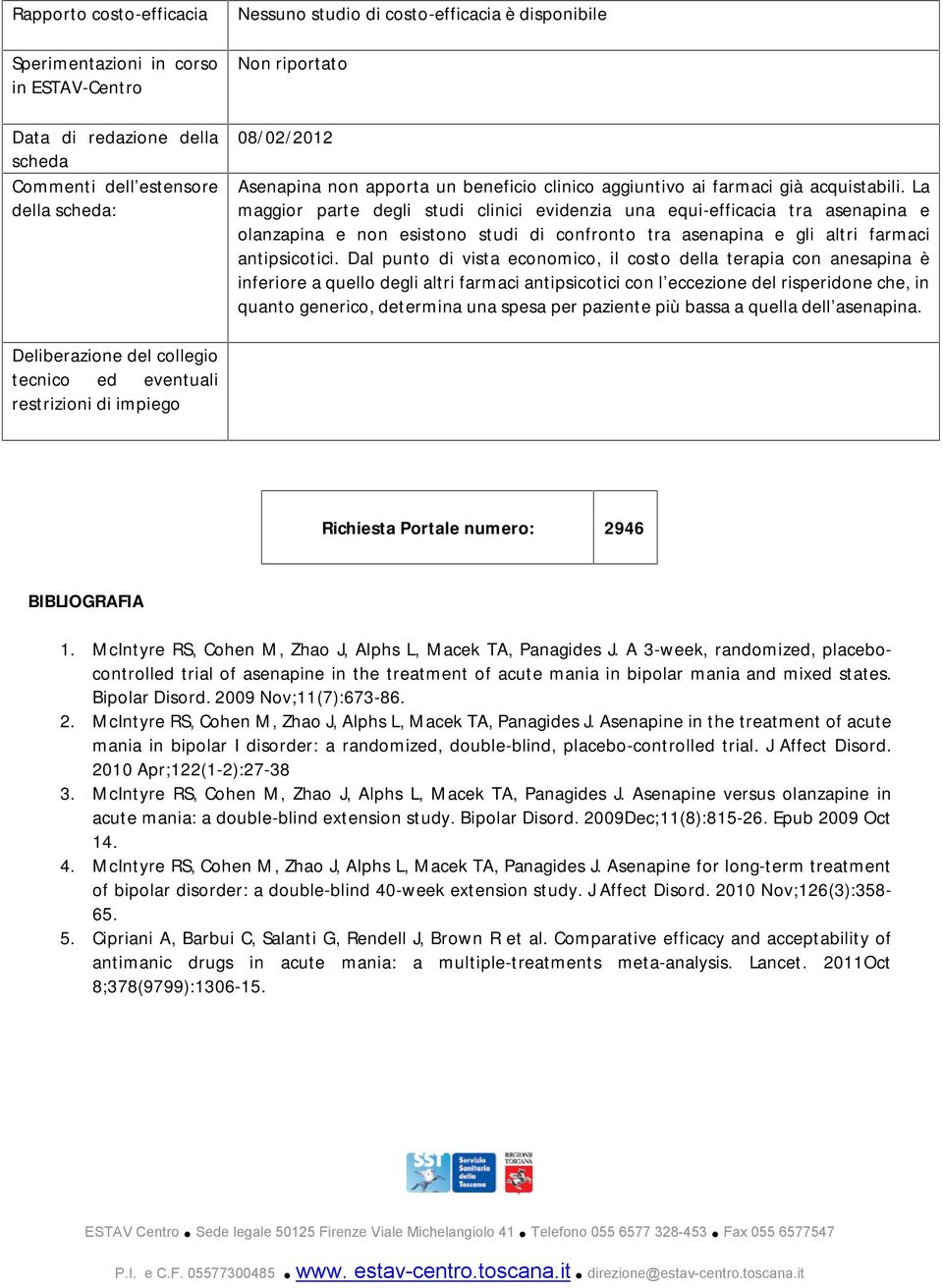 La maggior parte degli studi clinici evidenzia una equi-efficacia tra asenapina e olanzapina e non esistono studi di confronto tra asenapina e gli altri farmaci antipsicotici.