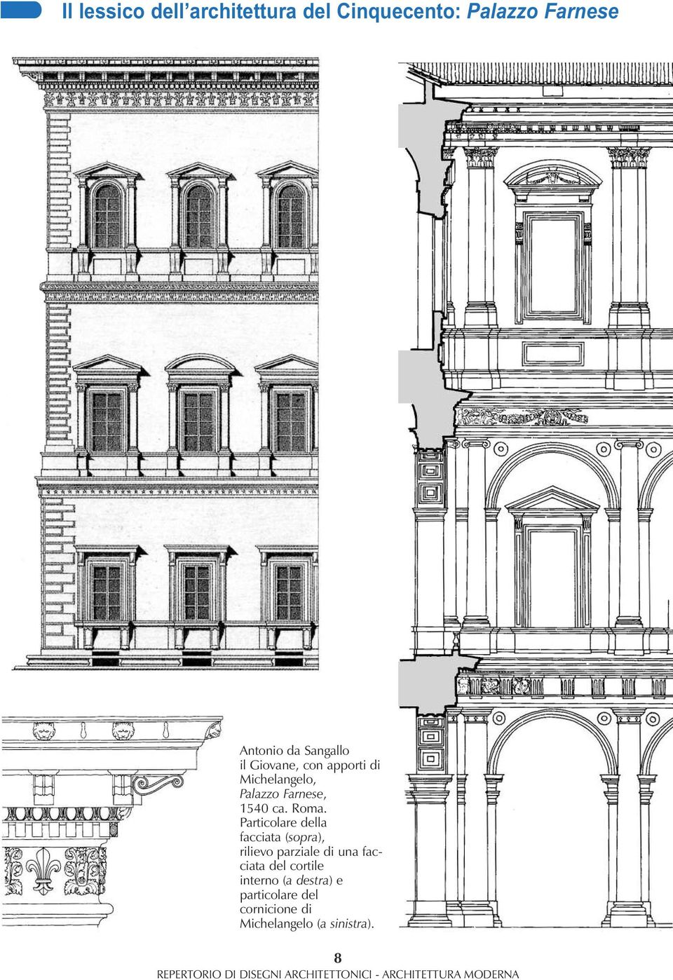 Roma. Particolare della facciata (sopra), rilievo parziale di una facciata del