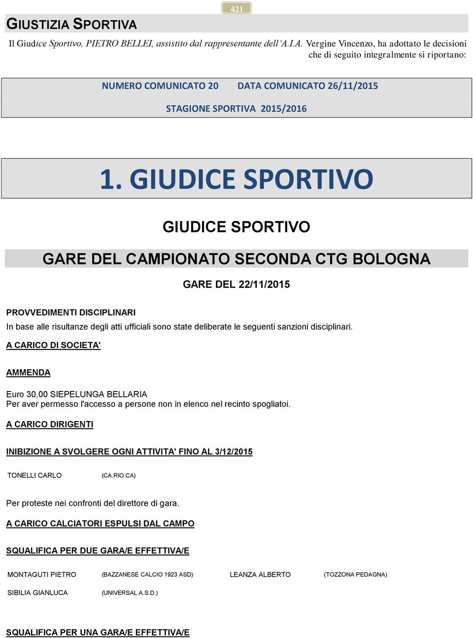 sanzioni disciplinari. A CARICO DI SOCIETA' AMMENDA Euro 30,00 SIEPELUNGA BELLARIA Per aver permesso l'accesso a persone non in elenco nel recinto spogliatoi.