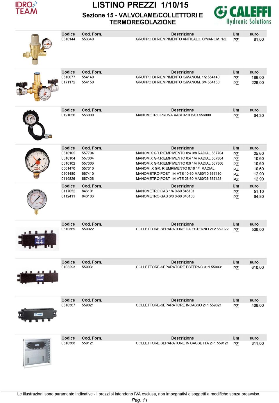 X GR.RIEMPIMENTO 0:6 1/4 RADIAL 557306 PZ 10,60 0501470 557310 MANOM. X GR.