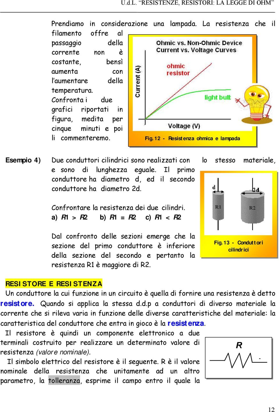 12 - Resistenza ohmica e lampada Esempio 4) Due conduttori cilindrici sono realizzati con e sono di lunghezza eguale. Il primo conduttore ha diametro d, ed il secondo conduttore ha diametro 2d.