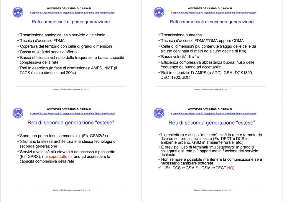 stato dimesso nel 2004) Trasmissione numerica Tecnica i d accesso FDMA/TDMA oppure CDMA Celle di dimensioni più contenute (raggio delle celle da alcune centinaia di metri ad alcune decine di Km)