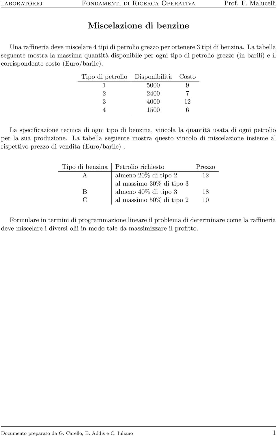 Tipo di petrolio Disponibilità Costo 1 5000 9 2 2400 7 3 4000 12 4 1500 6 La specificazione tecnica di ogni tipo di benzina, vincola la quantità usata di ogni petrolio per la sua produzione.