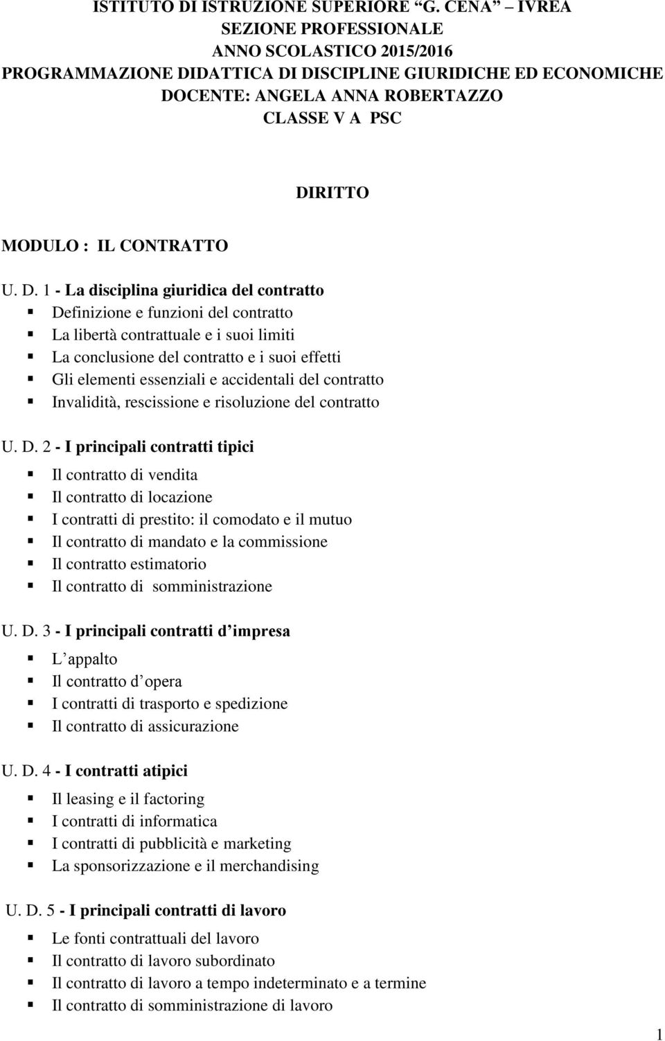 U. D. 1 - La disciplina giuridica del contratto Definizione e funzioni del contratto La libertà contrattuale e i suoi limiti La conclusione del contratto e i suoi effetti Gli elementi essenziali e