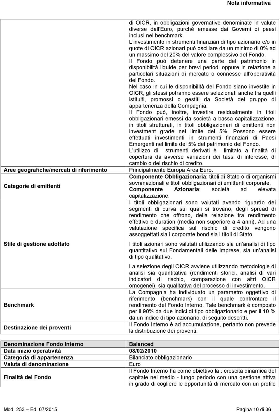 L investimento in strumenti finanziari di tipo azionario e/o in quote di OICR azionari può oscillare da un minimo di 0% ad un massimo del 20% del valore complessivo del Fondo.