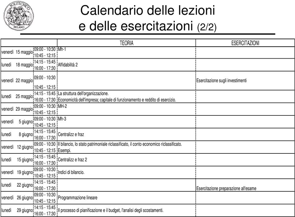 16:00-17:30 Economicità dell'impresa; capitale di funzionamento e reddito di esercizio.