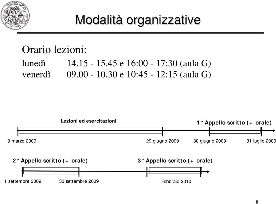 30 e 10:45-12:15 (aula G) Lezioni ed esercitazioni 1 Appello scritto (+ orale) 9