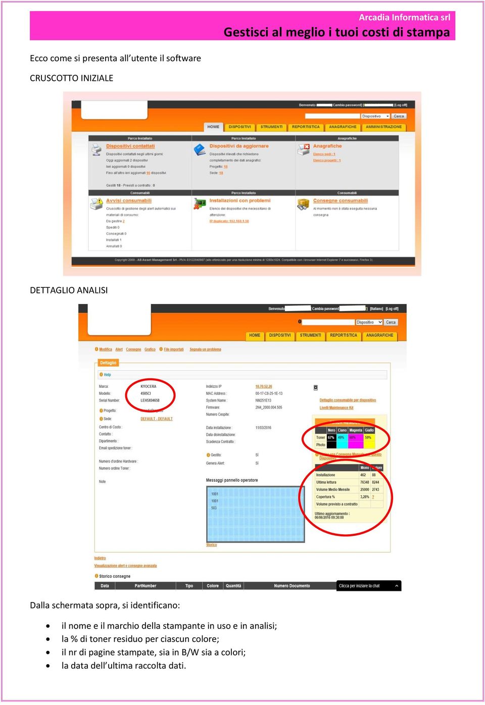 stampante in uso e in analisi; la % di toner residuo per ciascun colore; il