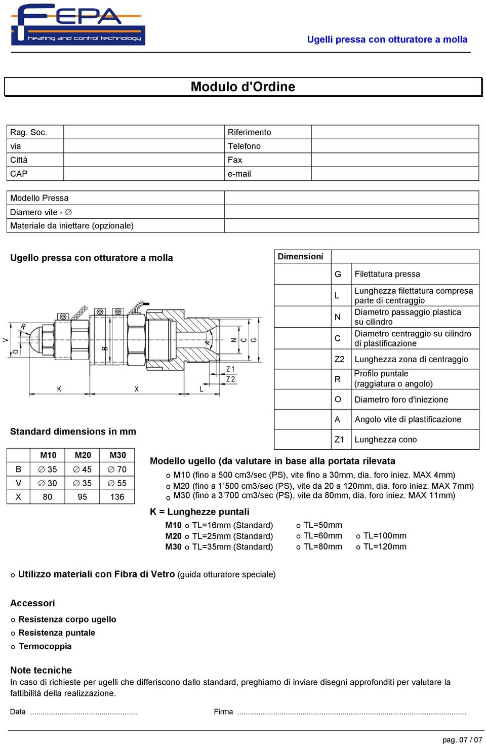 Lunghezza filettatura compresa parte di centraggio Diametro passaggio plastica su cilindro Diametro centraggio su cilindro di plastificazione Lunghezza zona di centraggio Profilo puntale (raggiatura