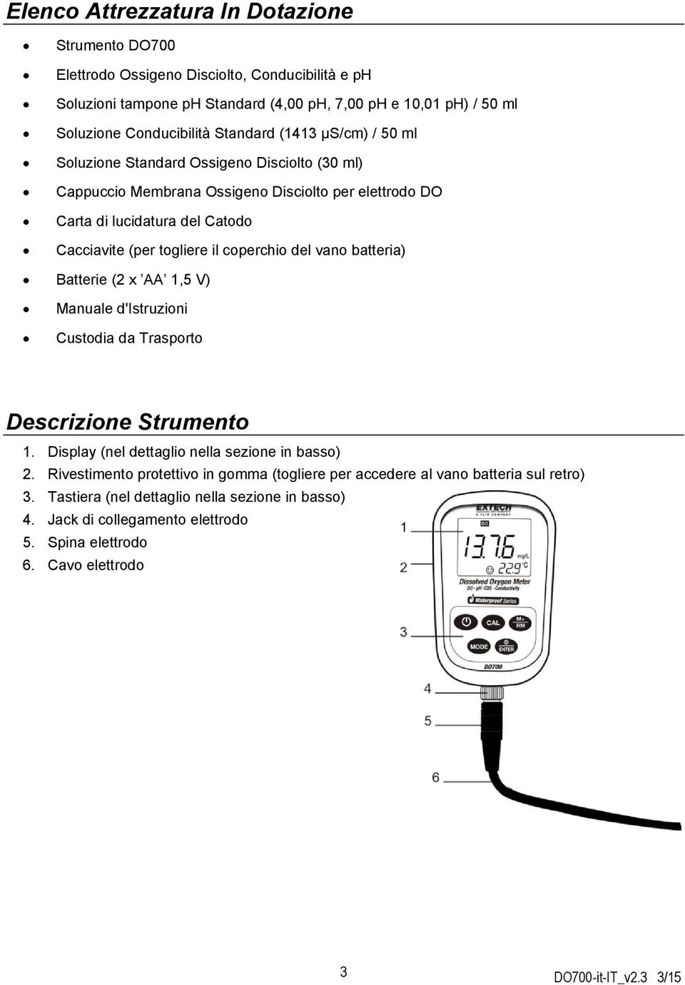 coperchio del vano batteria) Batterie (2 x AA 1,5 V) Manuale d'istruzioni Custodia da Trasporto Descrizione Strumento 1. Display (nel dettaglio nella sezione in basso) 2.
