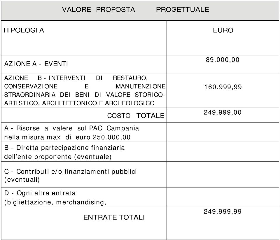nella misura max di euro 250.000,00 B - Diretta partecipazione finanziaria dell ente proponente (eventuale) 89.000,00 160.999,99 249.