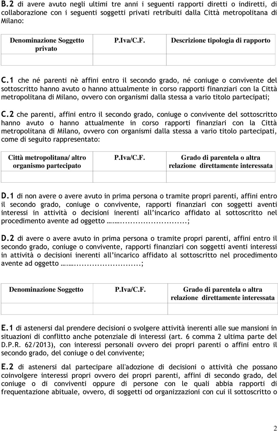 1 che né parenti nè affini entro il secondo grado, né coniuge o convivente del sottoscritto hanno avuto o hanno attualmente in corso rapporti finanziari con la Città metropolitana di Milano, ovvero