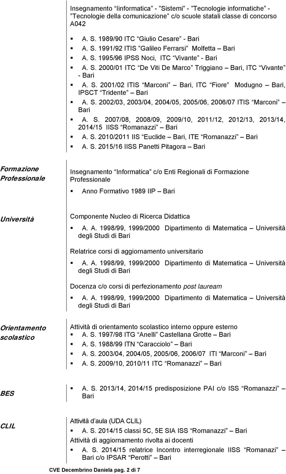 S. 2007/08, 2008/09, 2009/10, 2011/12, 2012/13, 2013/14, 2014/15 IISS Romanazzi A. S.