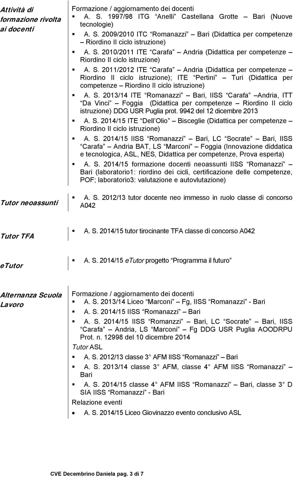 2011/2012 ITE Carafa Andria (Didattica per competenze Riordino II ciclo istruzione); ITE Pertini Turi (Didattica per competenze Riordino II ciclo istruzione) A. S.