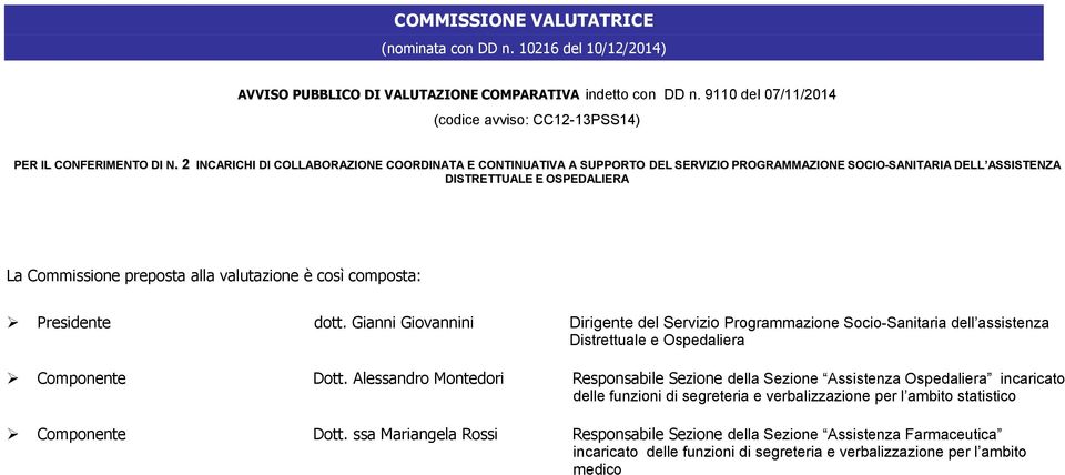 2 INCARICHI DI COLLABORAZIONE COORDINATA E CONTINUATIVA A SUPPORTO DEL SERVIZIO PROGRAMMAZIONE SOCIO-SANITARIA DELL ASSISTENZA DISTRETTUALE E OSPEDALIERA La Commissione preposta alla valutazione è