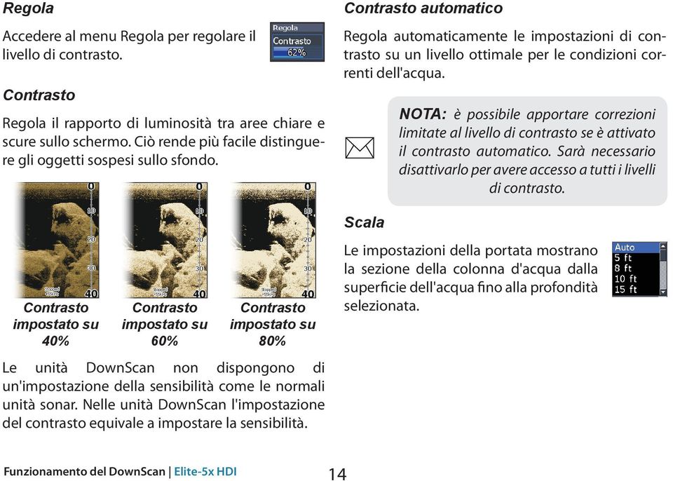 Contrasto impostato su 40% Contrasto impostato su 60% Contrasto impostato su 80% Le unità DownScan non dispongono di un'impostazione della sensibilità come le normali unità sonar.