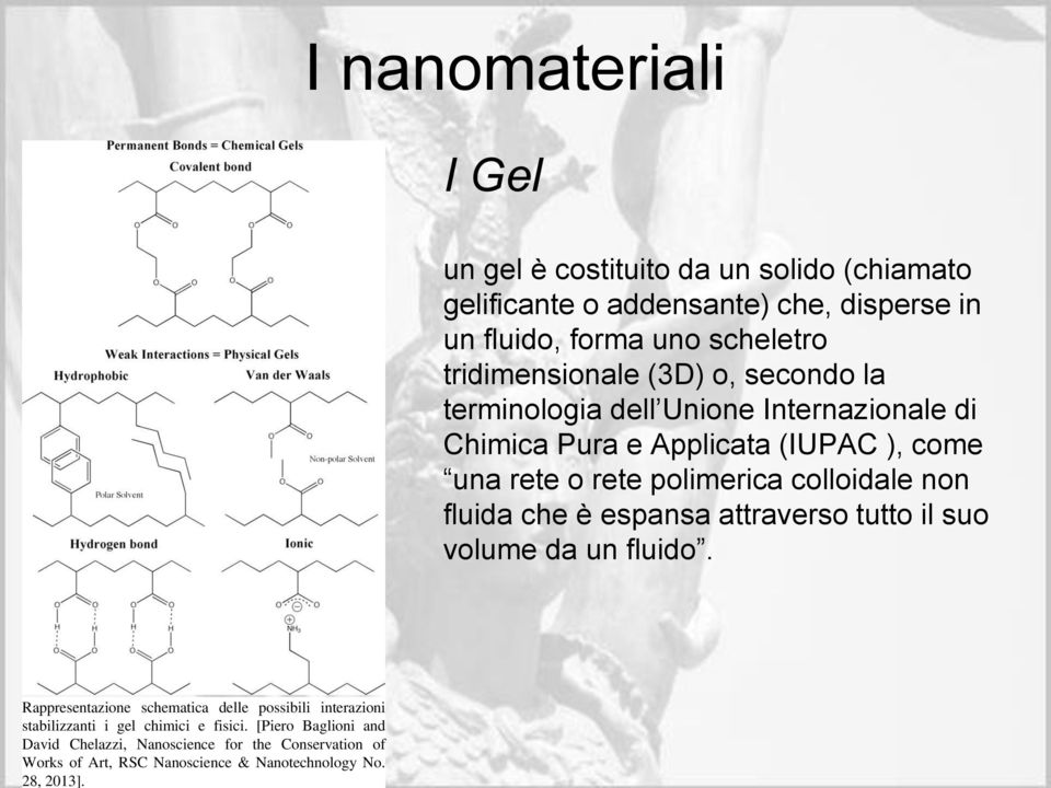 I nanomateriali I Gel un gel è costituito da un solido (chiamato gelificante o addensante) che, disperse in un fluido, forma uno scheletro