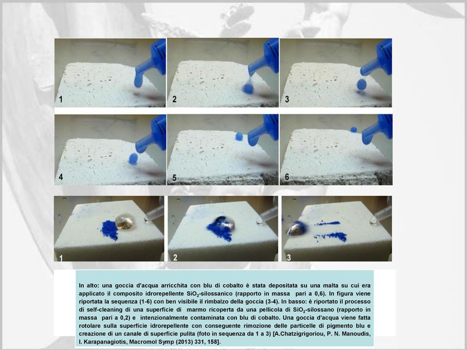 In basso: è riportato il processo di self-cleaning di una superficie di marmo ricoperta da una pellicola di SiO 2 -silossano (rapporto in massa pari a 0,2) e intenzionalmente contaminata con blu
