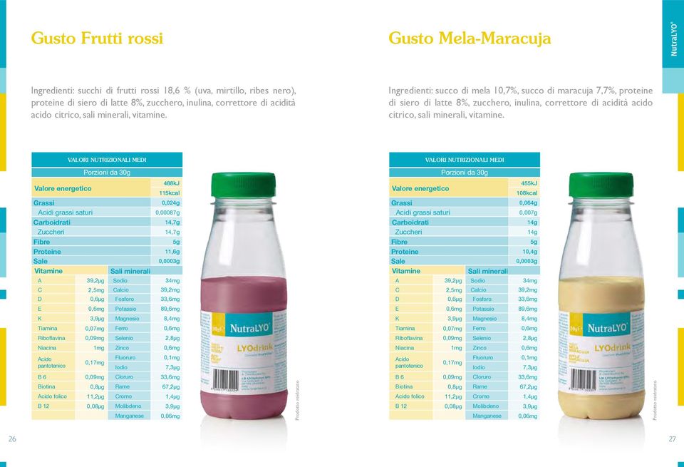 Ingredienti: succo di mela 10,7%, succo di maracuja 7,7%, proteine di siero di latte 8%, zucchero, inulina, correttore di acidità acido  VALORI NUTRIZIONALI MEDI VALORI NUTRIZIONALI MEDI Porzioni da