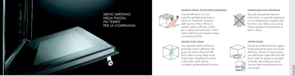 Inoltre, per un igiene più profonda, il vetro interno del forno può essere rimosso con estrema facilità. FRONTALINO ANTI-IMPRONTA Stop ad antiestetiche impronte sull acciaio.