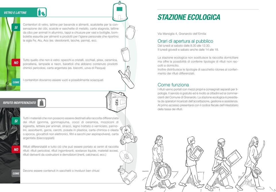 STAZIONE ECOLOGICA Via Marsiglia 4, Granarolo dell Emilia Orari di apertura al pubblico Dal lunedì al sabato dalle 8.30 alle 12.30. Il lunedì giovedì e sabato anche dalle 14 alle 18.