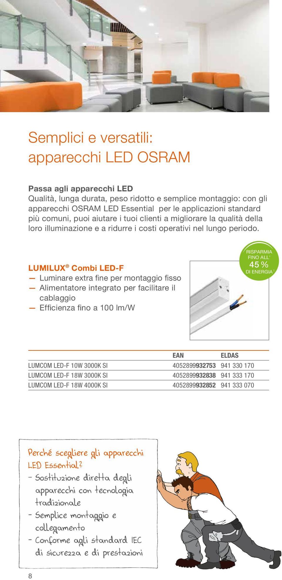 LUMILUX Combi LED-F Luminare extra fine per montaggio fisso Alimentatore integrato per facilitare il cablaggio Efficienza fino a 100 lm/w 45 % LUMCOM LED-F 10W 3000K SI 4052899932753 941 330 170