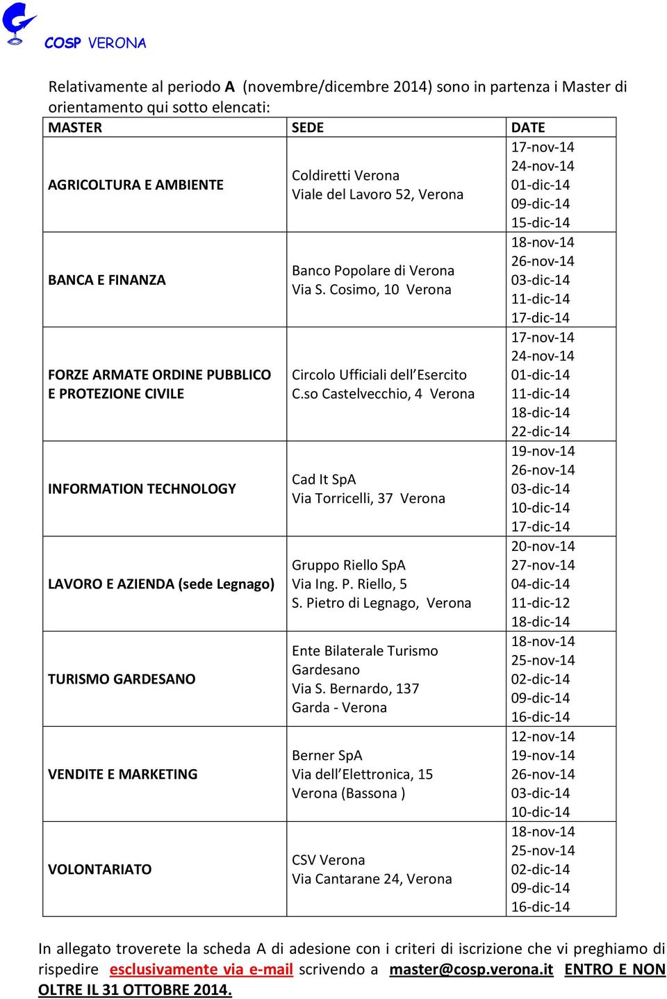 Via S. Cosimo, 10 Verona Circolo Ufficiali dell Esercito C.so Castelvecchio, 4 Verona Cad It SpA Via Torricelli, 37 Verona Gruppo Riello SpA Via Ing. P. Riello, 5 S.