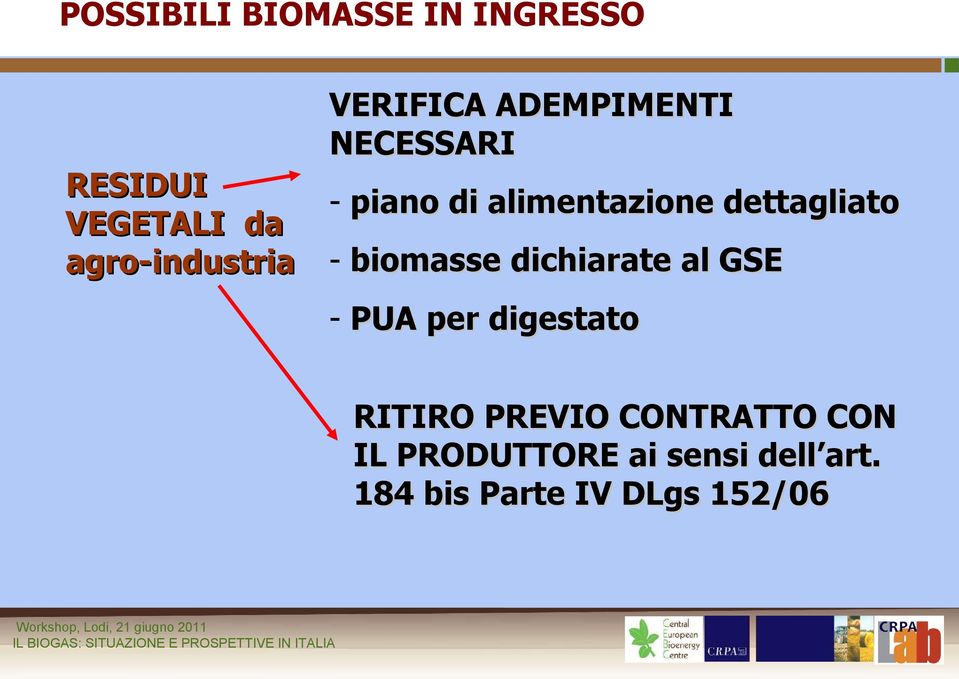 - biomasse dichiarate al GSE - PUA per digestato RITIRO PREVIO