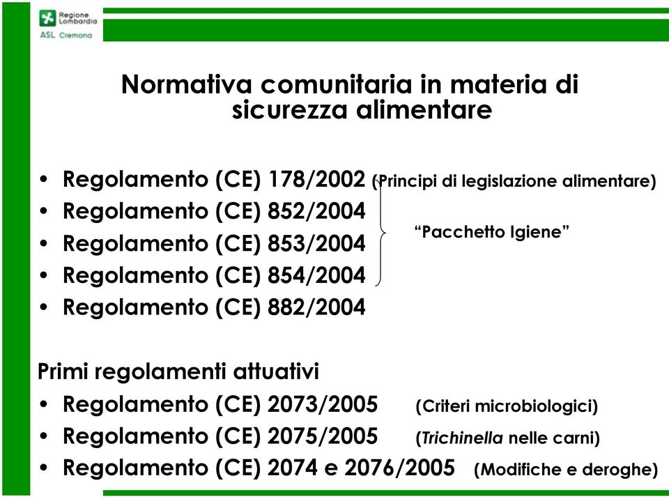 Regolamento (CE) 882/2004 Pacchetto Igiene Primi regolamenti attuativi Regolamento (CE) 2073/2005