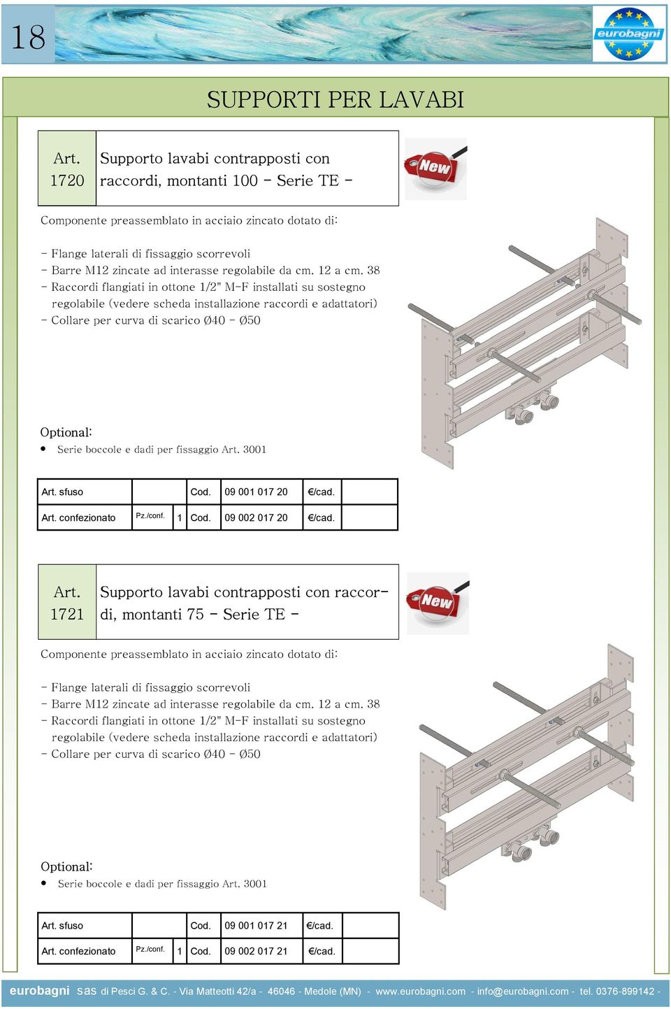 confezionato Pz./conf. 1 Cod. 09 002 017 20 /cad. 1721 Supporto lavabi contrapposti con raccordi, montanti 75 - Serie TE - - Barre M12 zincate ad interasse regolabile da cm. 12 a cm.
