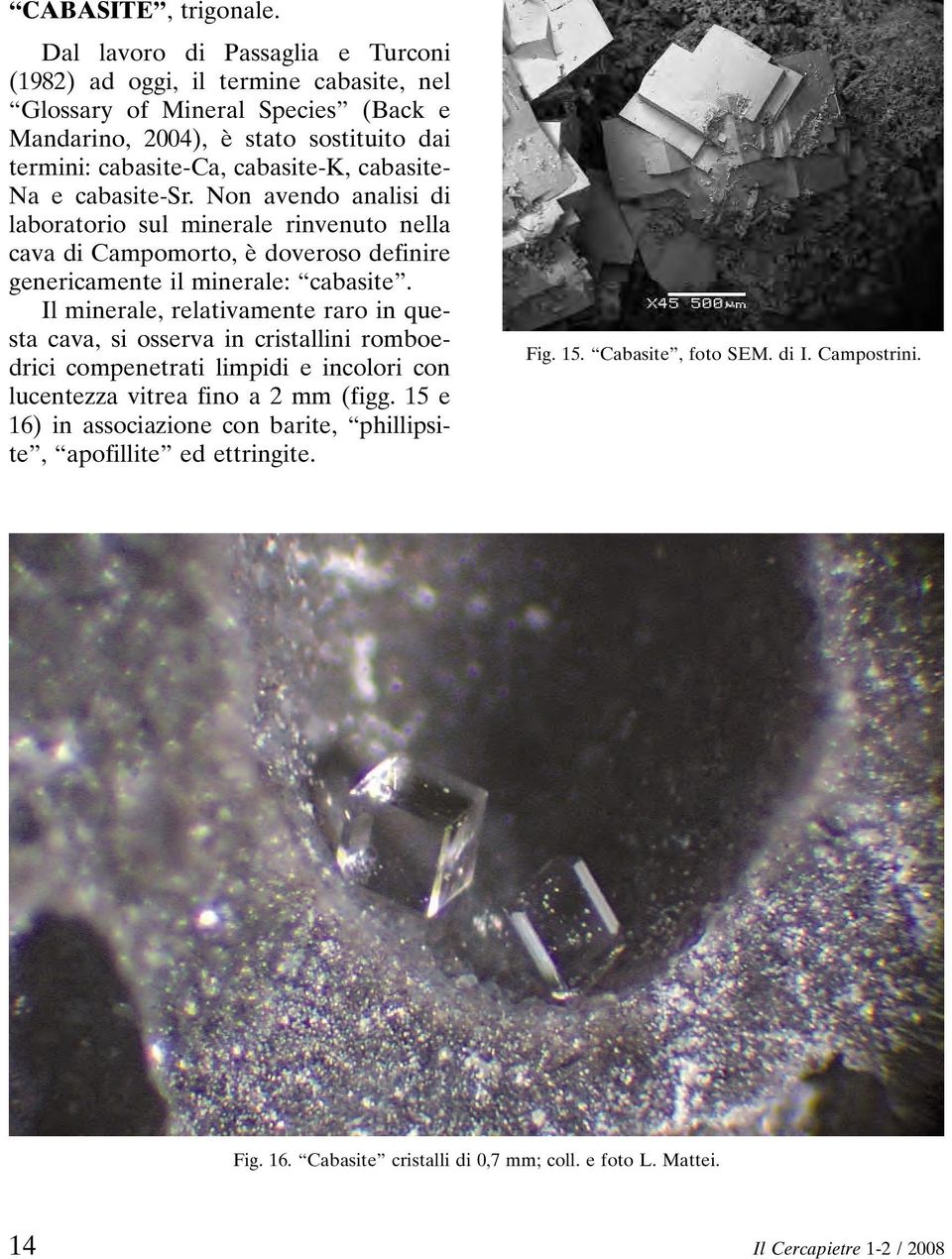 cabasite- Na e cabasite-sr. Non avendo analisi di laboratorio sul minerale rinvenuto nella cava di Campomorto, è doveroso definire genericamente il minerale: cabasite.