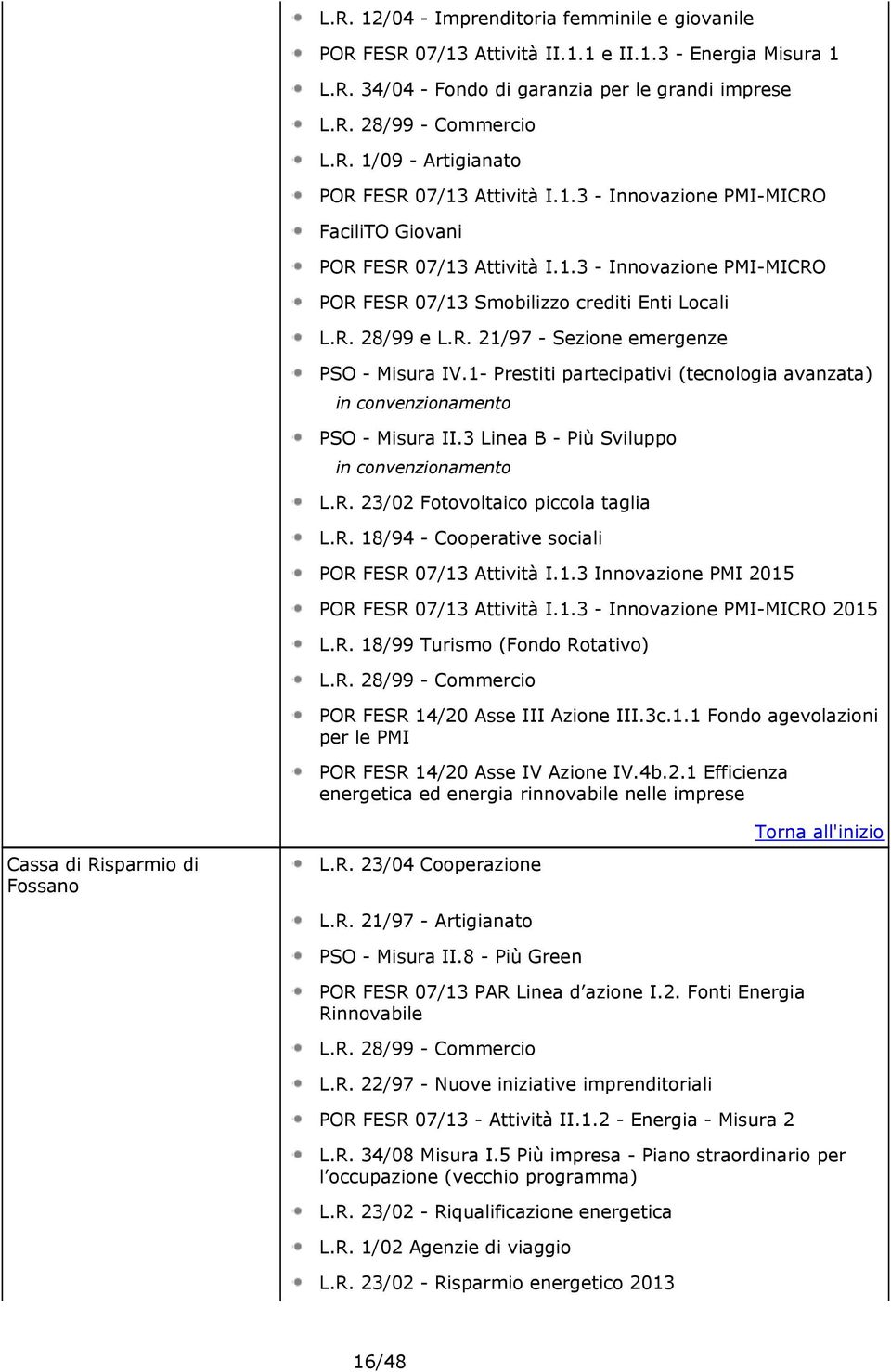 23/02 Fotovoltaico piccola taglia 2015 2015 POR FESR 14/20 Asse III Azione III.3c.1.1 Fondo agevolazioni per le PMI POR FESR 14/20 Asse IV Azione IV.4b.2.1 Efficienza energetica ed energia rinnovabile nelle imprese Cassa di Risparmio di Fossano POR FESR 07/13 PAR Linea d azione I.