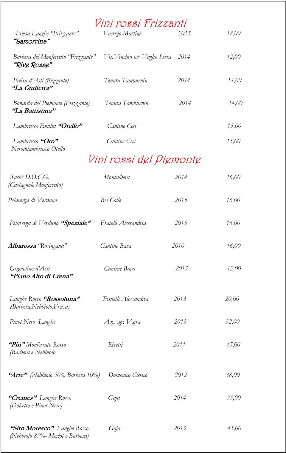 Emilia Otello Cantine Ceci 13,00 Lambrusco Oro Cantine Ceci 15,00 Nerodilambrusco Otello Vini rossi del Piemonte Ruchè D.O.C.G.