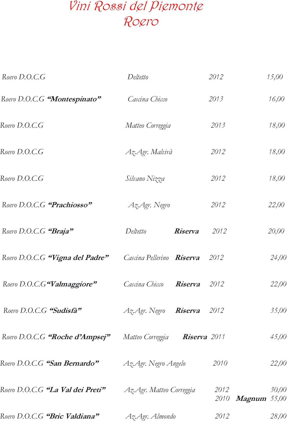 O.C.G Valmaggiore Cascina Chicco Riserva 2012 22,00 Roero D.O.C.G Sudisfà Az.Agr. Negro Riserva 2012 35,00 Roero D.O.C.G Roche d Ampsej Matteo Correggia Riserva 2011 45,00 Roero D.O.C.G San Bernardo Az.