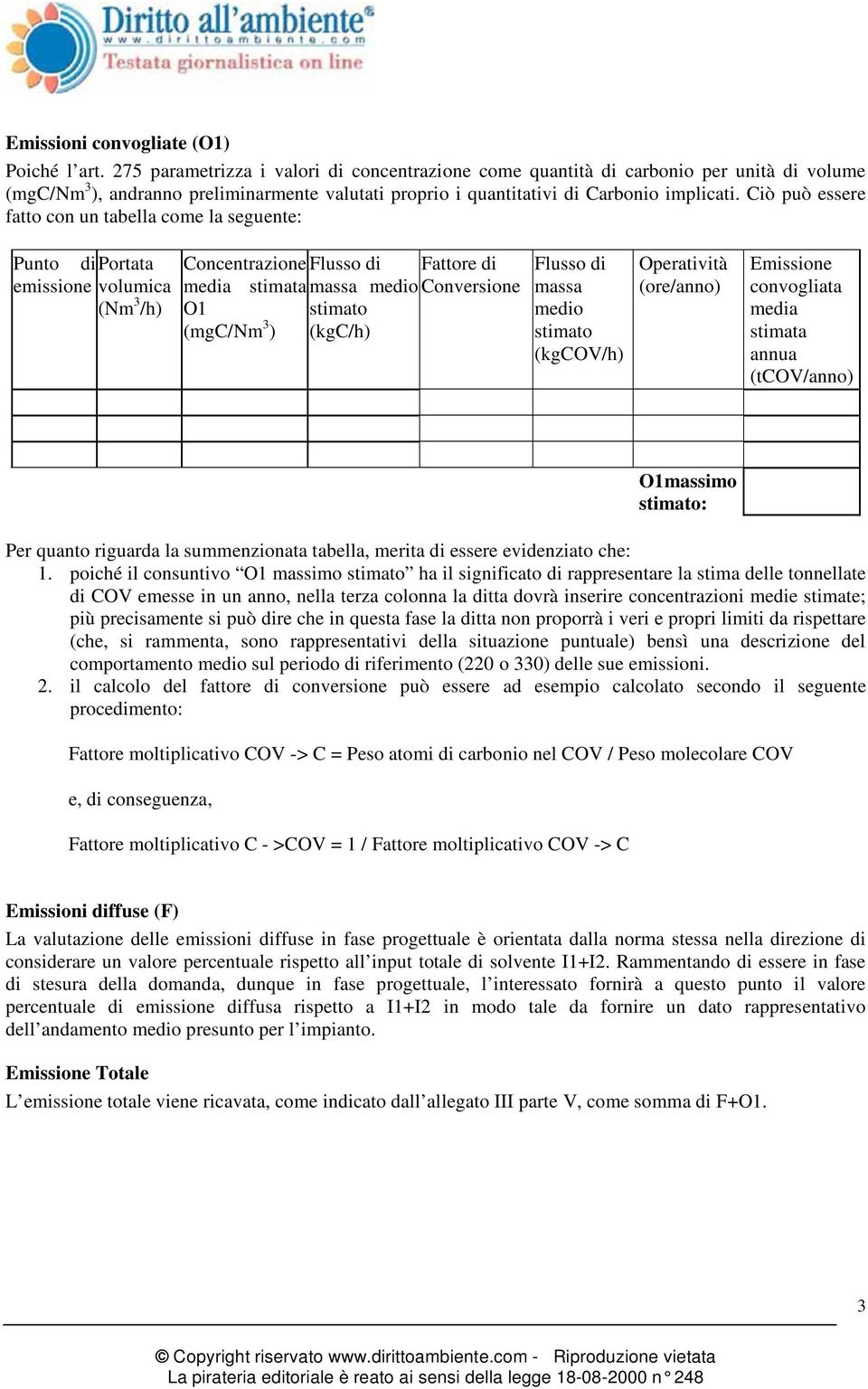 Ciò può essere fatto con un tabella come la seguente: Punto diportata emissione volumica (Nm 3 /h) Concentrazione Flusso di Fattore di media stimata massa medio Conversione O1 stimato (mgc/nm 3 )