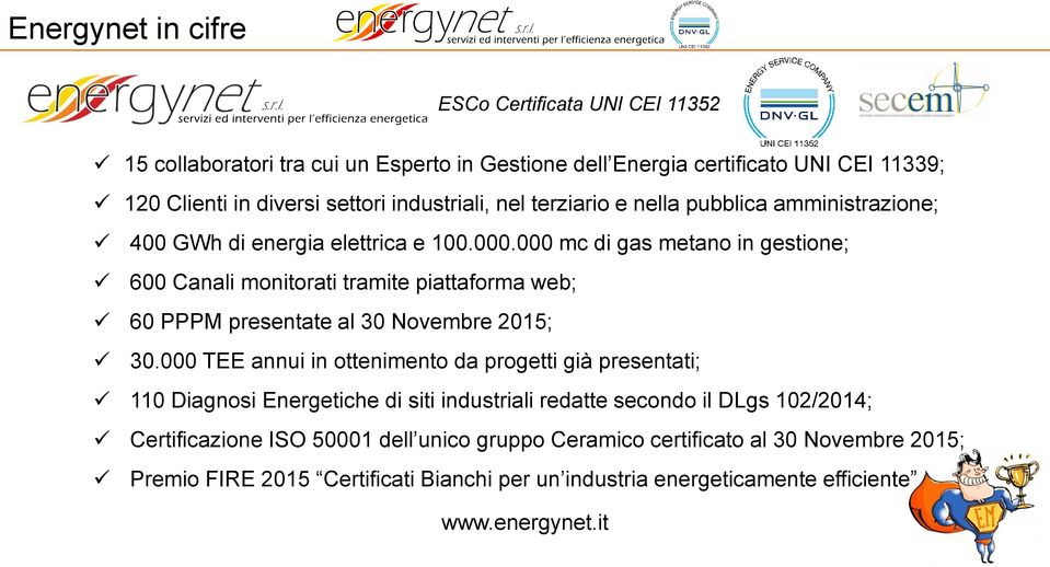 000 mc di gas metano in gestione; 600 Canali monitorati tramite piattaforma web; 60 PPPM presentate al 30 Novembre 2015; 30.