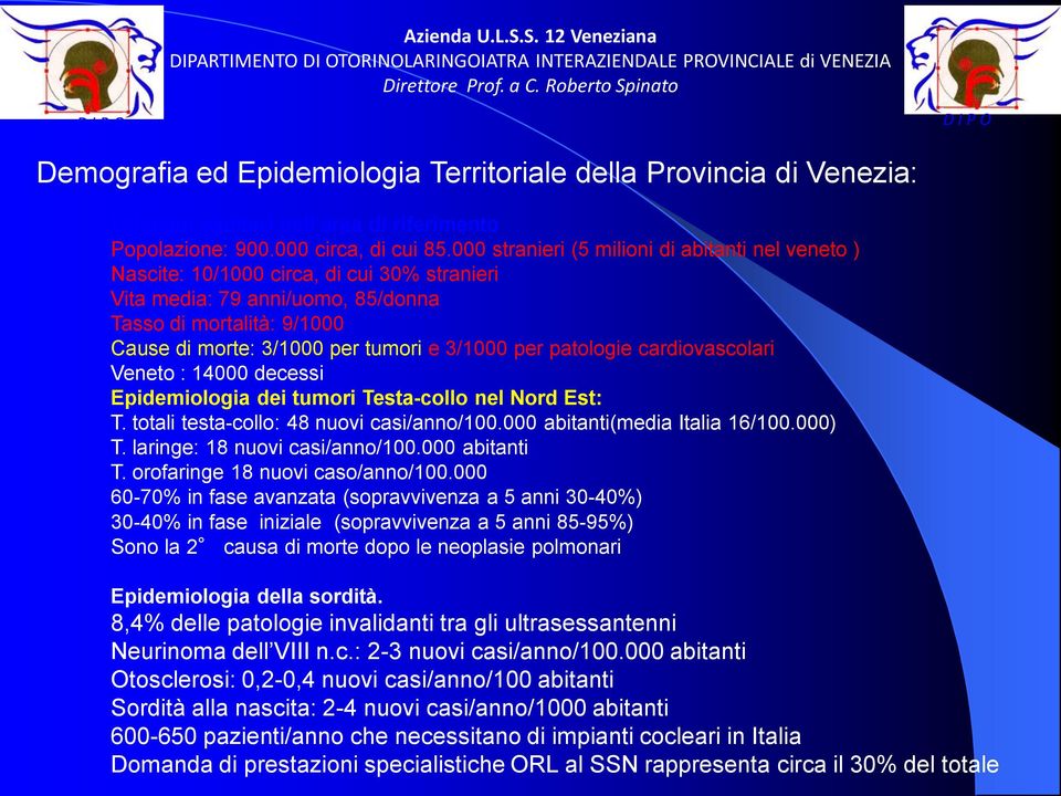 000 stranieri (5 milioni di abitanti nel veneto ) Nascite: 10/1000 circa, di cui 30% stranieri Vita media: 79 anni/uomo, 85/donna Tasso di mortalità: 9/1000 Cause di morte: 3/1000 per tumori e 3/1000