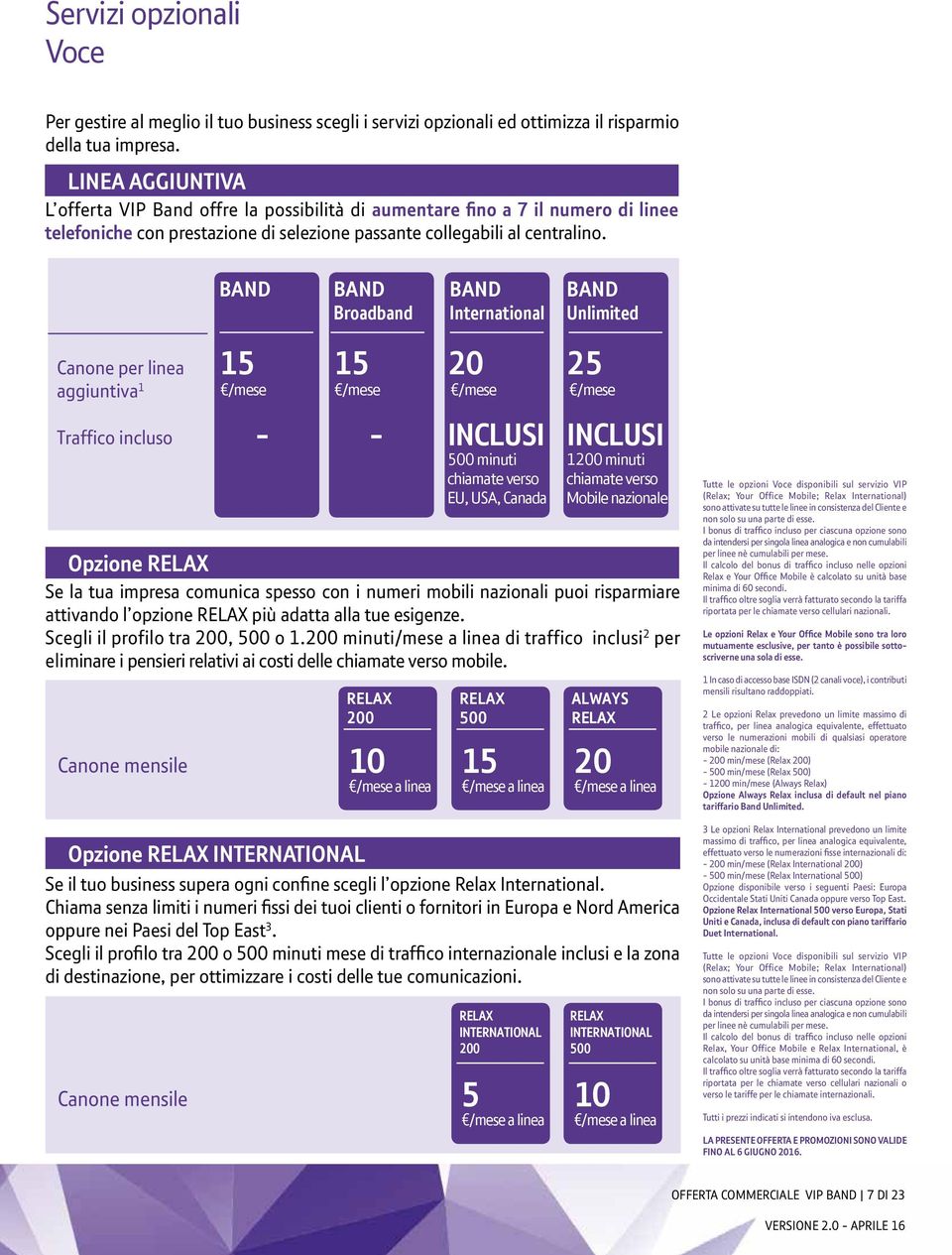 Broadband International Unlimited Canone per linea aggiuntiva 1 Traffico incluso 1-1 - 20 INCLUSI 00 minuti chiamate verso EU, USA, Canada 2 INCLUSI 1200 minuti chiamate verso Mobile nazionale