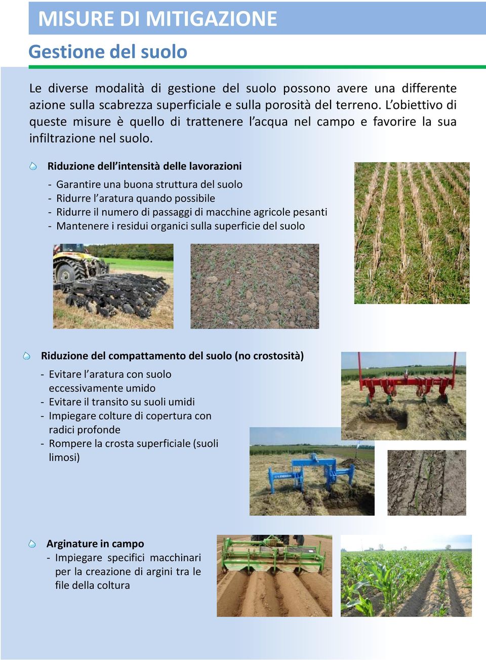 Riduzione dell intensità delle lavorazioni - Garantire una buona struttura del suolo - Ridurre l aratura quando possibile - Ridurre il numero di passaggi di macchine agricole pesanti - Mantenere i