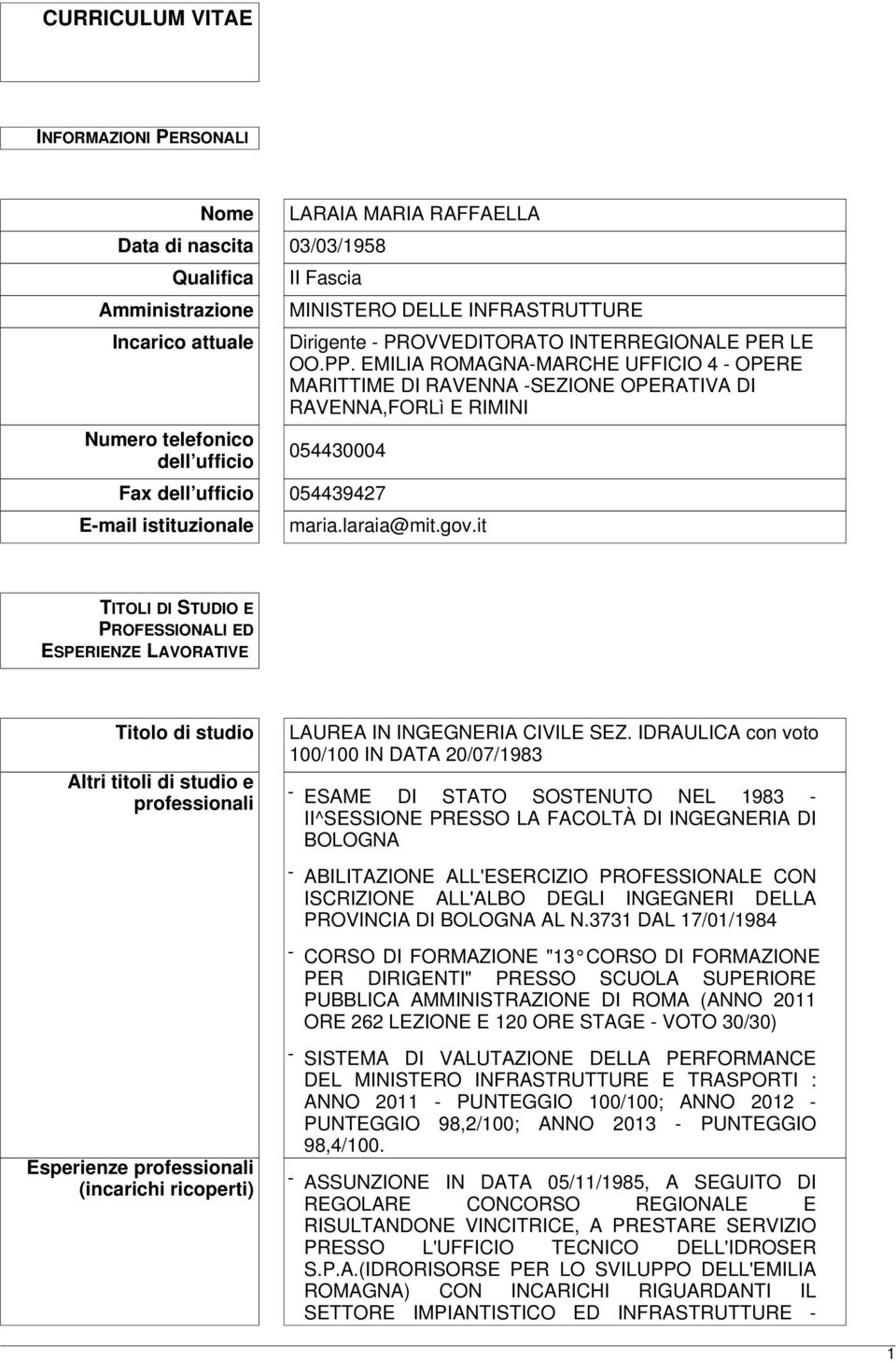 EMILIA ROMAGNA-MARCHE UFFICIO 4 - OPERE MARITTIME DI RAVENNA -SEZIONE OPERATIVA DI RAVENNA,FORLì E RIMINI 054430004 Fax dell ufficio 054439427 E-mail istituzionale maria.laraia@mit.gov.