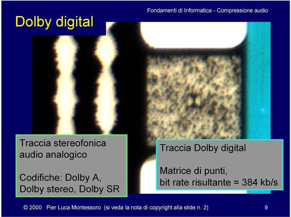 Traccia Dolby digital Matrice di punti, bit rate risultante = 384 kb/s