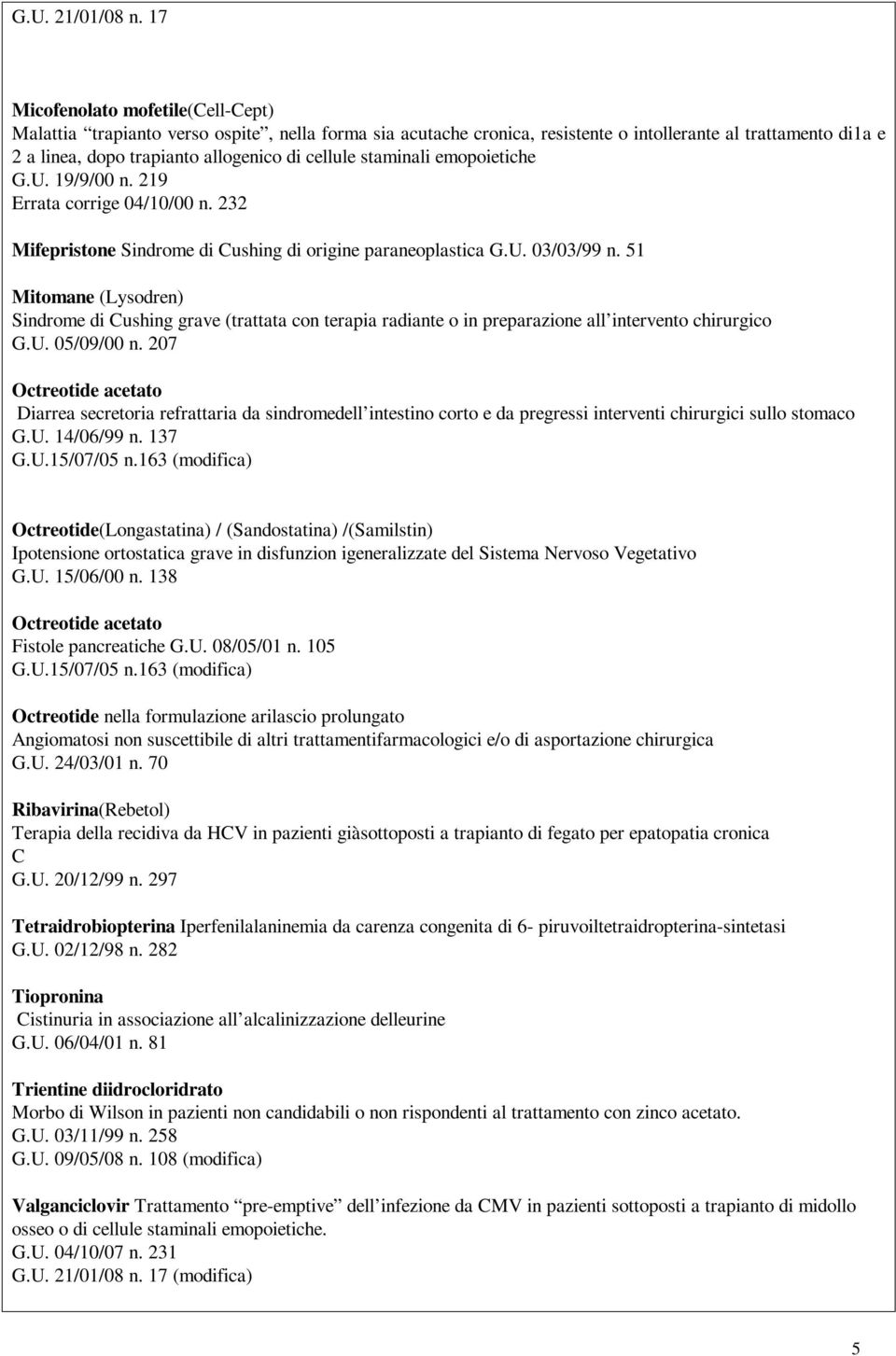 staminali emopoietiche G.U. 19/9/00 n. 219 Errata corrige 04/10/00 n. 232 Mifepristone Sindrome di Cushing di origine paraneoplastica G.U. 03/03/99 n.