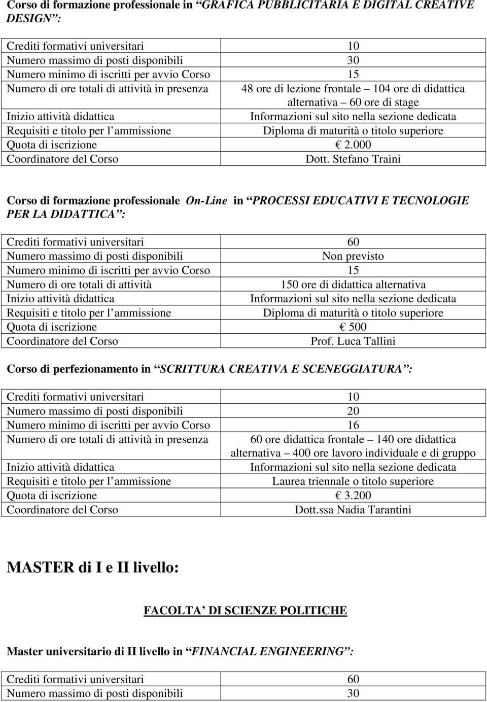 Stefano Traini Corso di formazione professionale On-Line in PROCESSI EDUCATIVI E TECNOLOGIE PER LA DIDATTICA : Numero massimo di posti disponibili Non previsto Numero minimo di iscritti per avvio