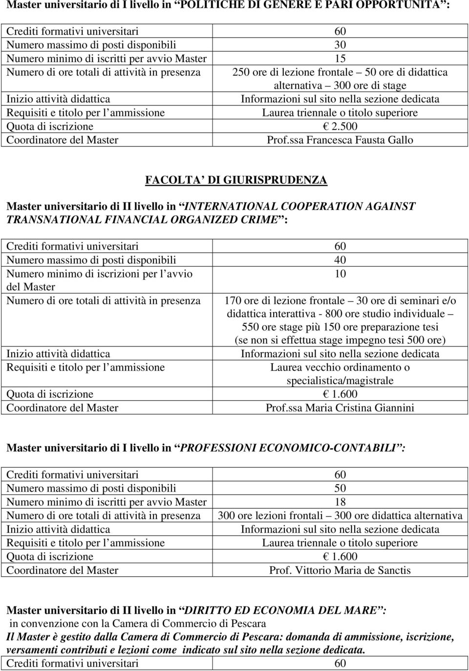 ssa Francesca Fausta Gallo FACOLTA DI GIURISPRUDENZA Master universitario di II livello in INTERNATIONAL COOPERATION AGAINST TRANSNATIONAL FINANCIAL ORGANIZED CRIME : Numero massimo di posti