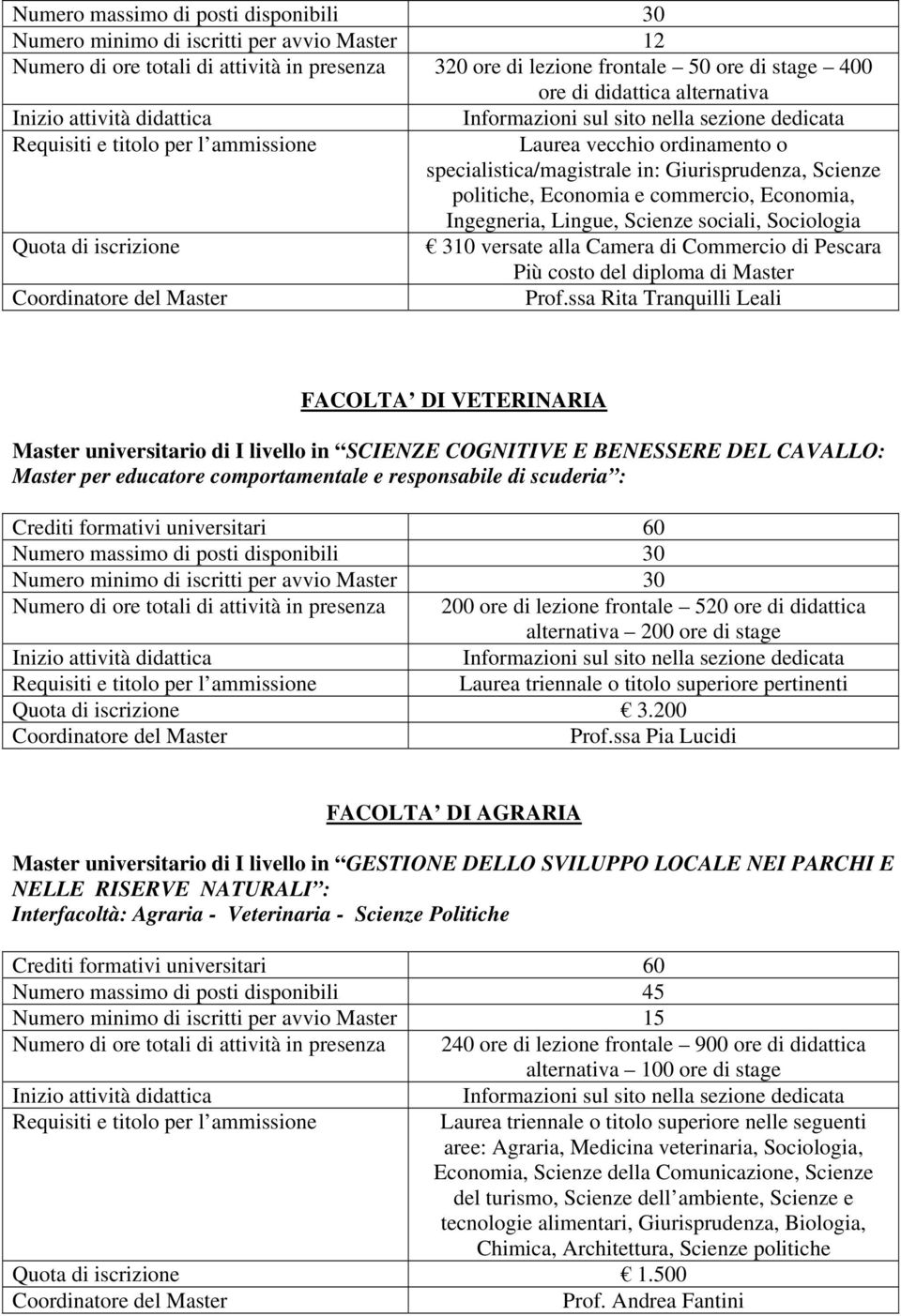 Commercio di Pescara Più costo del diploma di Master Prof.