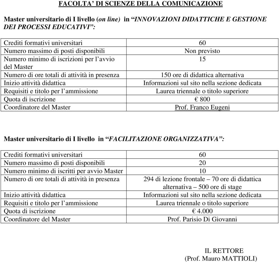 Franco Eugeni Master universitario di I livello in FACILITAZIONE ORGANIZZATIVA : Numero massimo di posti disponibili 20 Numero minimo di iscritti per avvio Master 10 Numero di ore