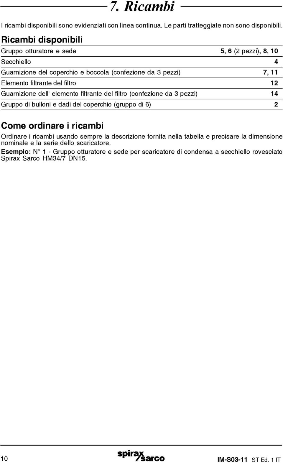 Guarnizione dell' elemento filtrante del filtro (confezione da 3 pezzi) 14 Gruppo di bulloni e dadi del coperchio (gruppo di 6) 2 Come ordinare i ricambi Ordinare i ricambi usando