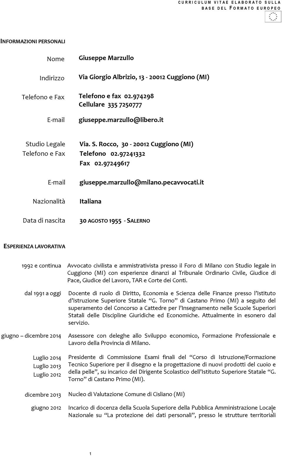 97249617 E-mail Nazionalità Data di nascita giuseppe.marzullo@milano.pecavvocati.