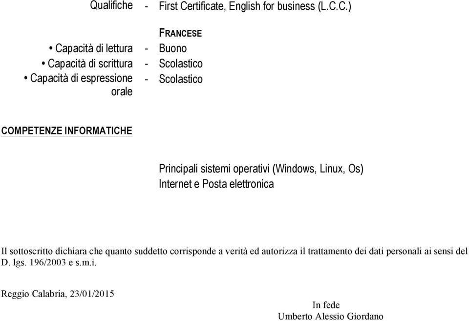 C.) FRANCESE Capacità di lettura - Buono Capacità di scrittura - Scolastico Capacità di espressione orale - Scolastico